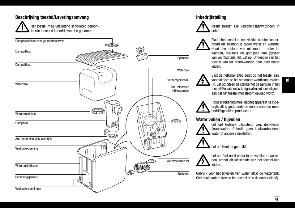 Nl beschrijving toestel/leveringsomvang, Inbedrijfstelling, Water vullen / bijvullen | Boneco Air-O-Swiss AOS S450 User Manual | Page 41 / 96