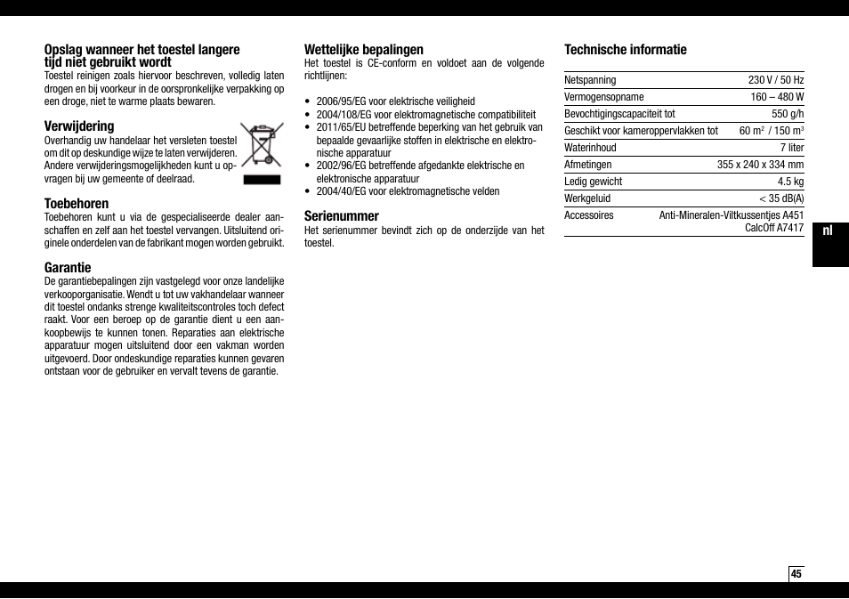 Verwijdering, Toebehoren, Garantie | Wettelijke bepalingen, Serienummer, Technische informatie | Boneco Air-O-Swiss AOS S450 User Manual | Page 45 / 96