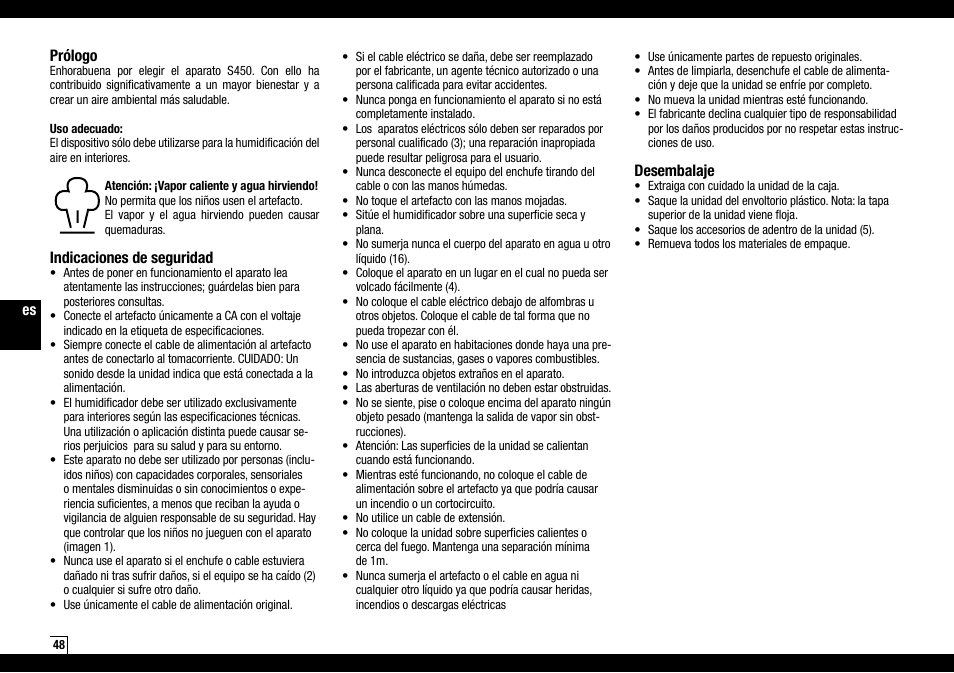 Es prólogo, Indicaciones de seguridad, Desembalaje | Boneco Air-O-Swiss AOS S450 User Manual | Page 48 / 96