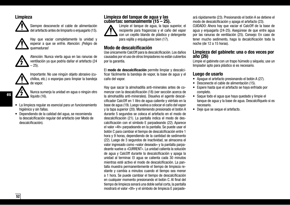 Modo de descalcificación, Luego de usarlo, Limpieza | Boneco Air-O-Swiss AOS S450 User Manual | Page 52 / 96