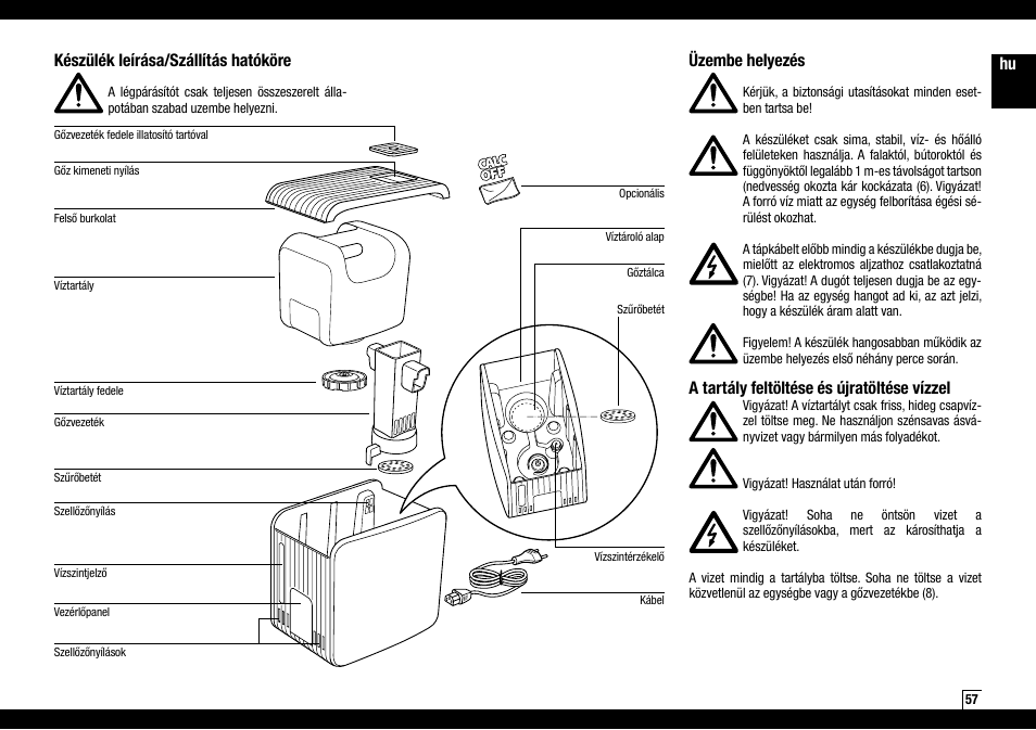 Hu készülék leírása/szállítás hatóköre, Üzembe helyezés, A tartály feltöltése és újratöltése vízzel | Boneco Air-O-Swiss AOS S450 User Manual | Page 57 / 96