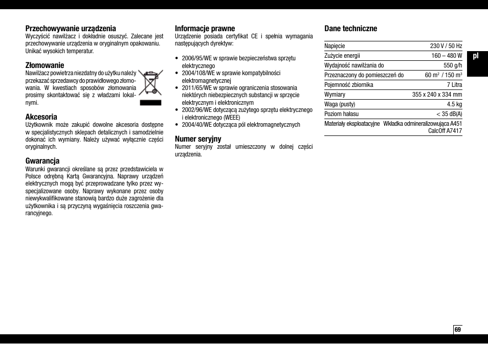 Pl przechowywanie urządzenia, Złomowanie, Akcesoria | Gwarancja, Informacje prawne, Numer seryjny, Dane techniczne | Boneco Air-O-Swiss AOS S450 User Manual | Page 69 / 96