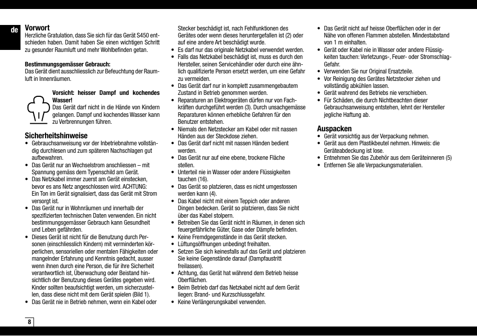 De vorwort, Sicherheitshinweise, Auspacken | Boneco Air-O-Swiss AOS S450 User Manual | Page 8 / 96