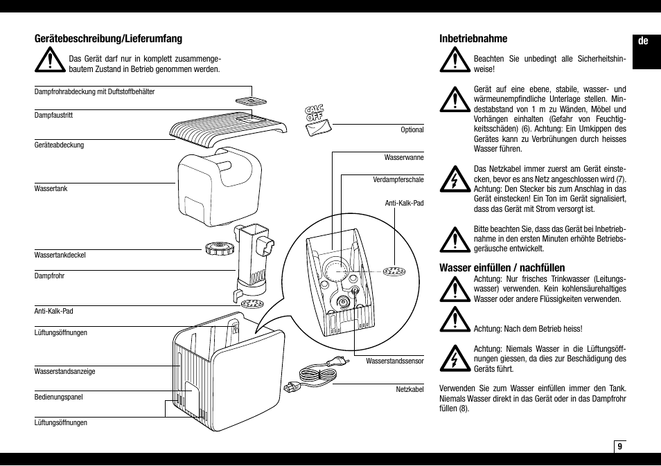 De gerätebeschreibung/lieferumfang, Inbetriebnahme, Wasser einfüllen / nachfüllen | Boneco Air-O-Swiss AOS S450 User Manual | Page 9 / 96
