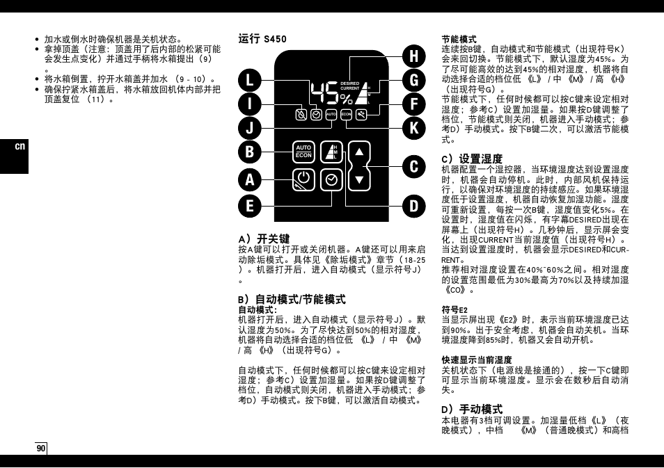 Ij k l, C）设置湿度, D）手动模式 | A）开关键, B）自动模式/节能模式, 运行s450 | Boneco Air-O-Swiss AOS S450 User Manual | Page 90 / 96