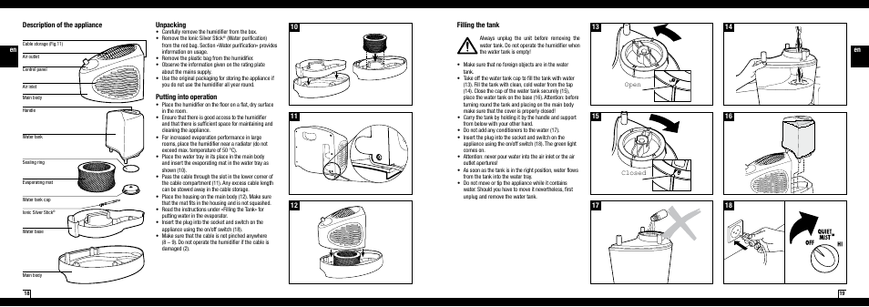 Description of the appliance en unpacking, Putting into operation | Boneco Air-O-Swiss AOS E2241 User Manual | Page 10 / 45