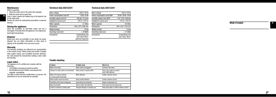 Maintenance, Storing the appliance, Disposal | Warranty, Legal notice, Technical data aos e2241, Technical data aos e2251, En trouble shooting, Mode d’emploi | Boneco Air-O-Swiss AOS E2241 User Manual | Page 14 / 45