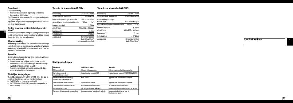 Onderhoud, Opslag wanneer het toestel niet gebruikt wordt, Afvalverwerking | Garantie, Wettelijke aanwijzingen, Technische informatie aos e2241, Technische informatie aos e2251, Storingen verhelpen istruzioni per l’uso | Boneco Air-O-Swiss AOS E2241 User Manual | Page 26 / 45