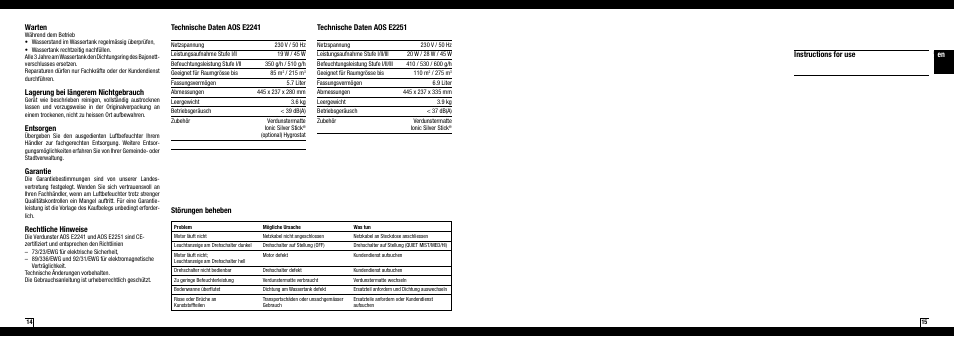 Warten, Lagerung bei längerem nichtgebrauch, Entsorgen | Garantie, Rechtliche hinweise, Technische daten aos e2241, Technische daten aos e2251, Störungen beheben instructions for use | Boneco Air-O-Swiss AOS E2241 User Manual | Page 8 / 45
