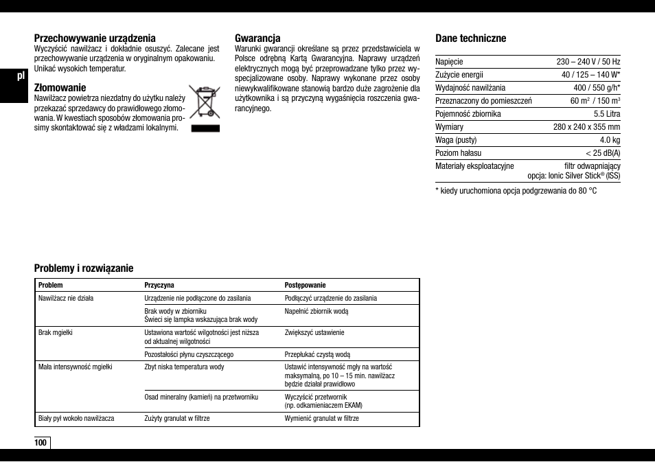 Przechowywanie urządzenia, Złomowanie, Gwarancja | Dane techniczne, Problemy i rozwiązanie | Boneco Air-O-Swiss AOS U600 User Manual | Page 100 / 164