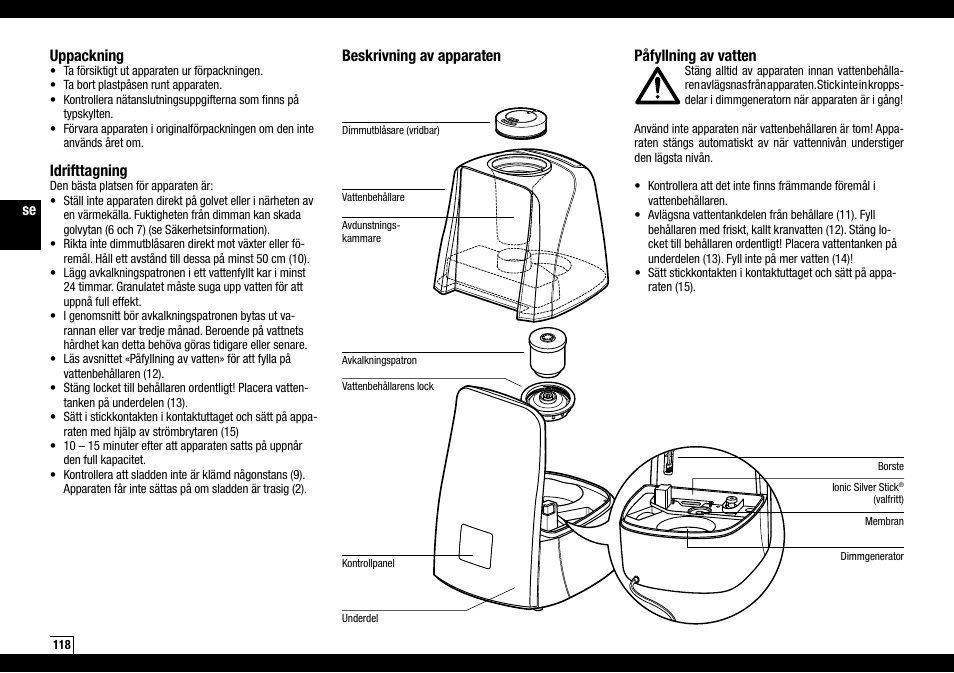 Beskrivning av apparaten påfyllning av vatten, Uppackning, Idrifttagning | Boneco Air-O-Swiss AOS U600 User Manual | Page 118 / 164