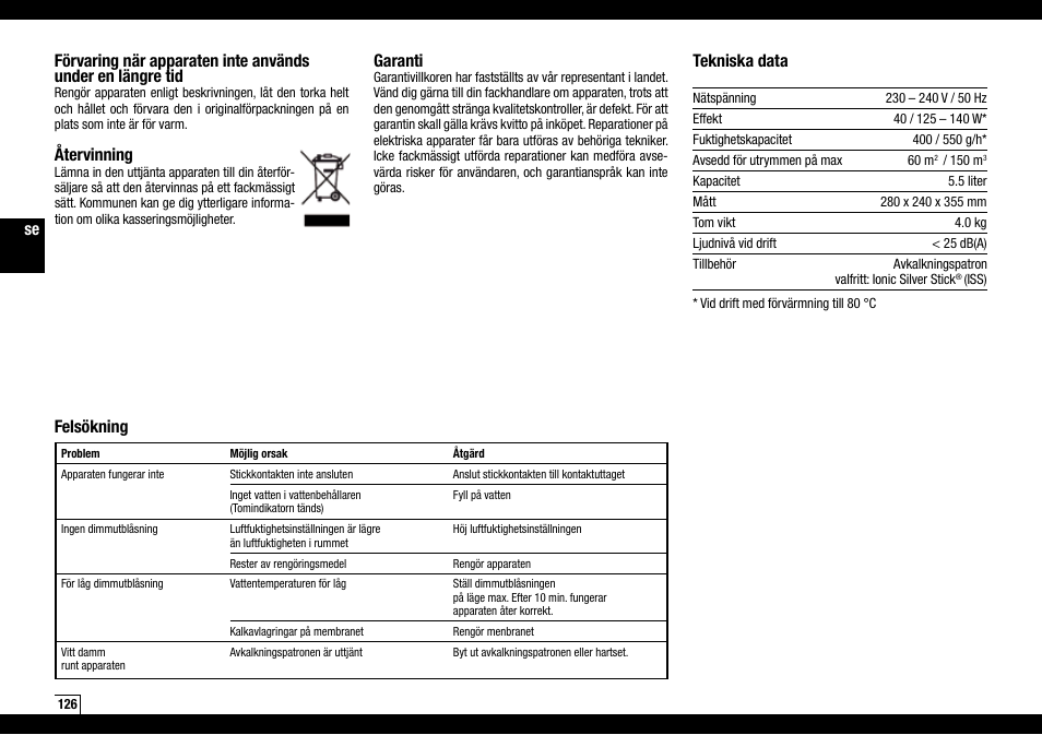 Återvinning, Garanti, Tekniska data | Felsökning | Boneco Air-O-Swiss AOS U600 User Manual | Page 126 / 164