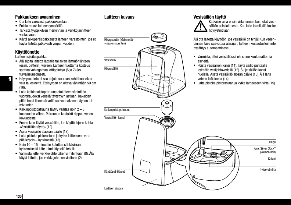 Laitteen kuvaus vesisäiliön täyttö, Pakkauksen avaaminen, Käyttöönotto | Boneco Air-O-Swiss AOS U600 User Manual | Page 130 / 164