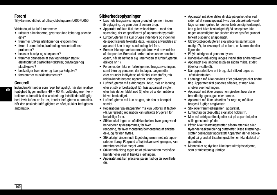 Forord, Generelt, Sikkerhedsoplysninger | Boneco Air-O-Swiss AOS U600 User Manual | Page 140 / 164