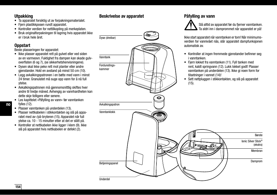 Beskrivelse av apparatet påfylling av vann, Utpakking, Oppstart | Boneco Air-O-Swiss AOS U600 User Manual | Page 154 / 164