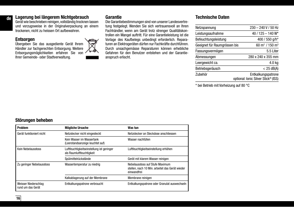 De lagerung bei längerem nichtgebrauch, Entsorgen, Garantie | Störungen beheben technische daten | Boneco Air-O-Swiss AOS U600 User Manual | Page 16 / 164