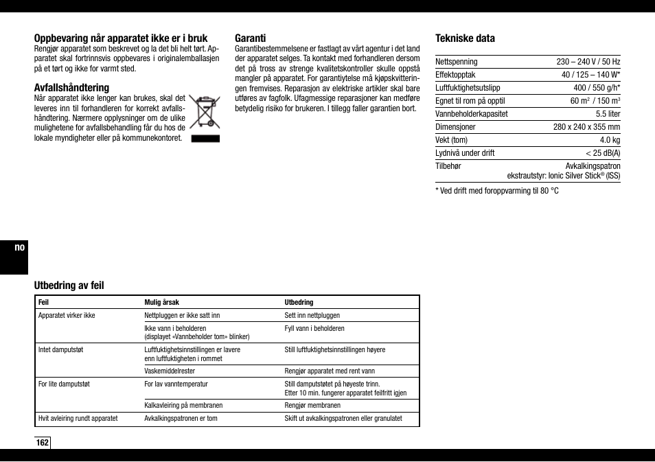 Oppbevaring når apparatet ikke er i bruk, Avfallshåndtering, Garanti | Tekniske data, Utbedring av feil | Boneco Air-O-Swiss AOS U600 User Manual | Page 162 / 164