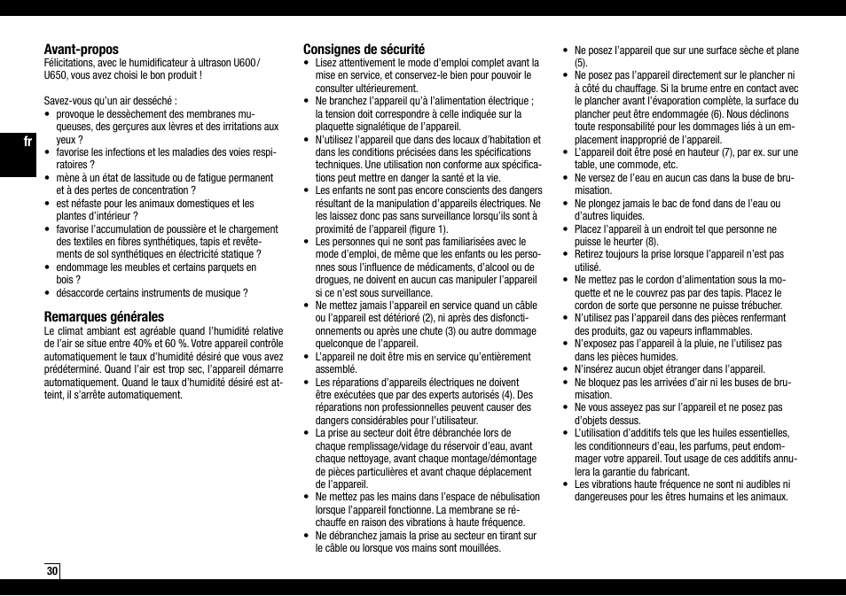 Fr avant-propos, Remarques générales, Consignes de sécurité | Boneco Air-O-Swiss AOS U600 User Manual | Page 30 / 164