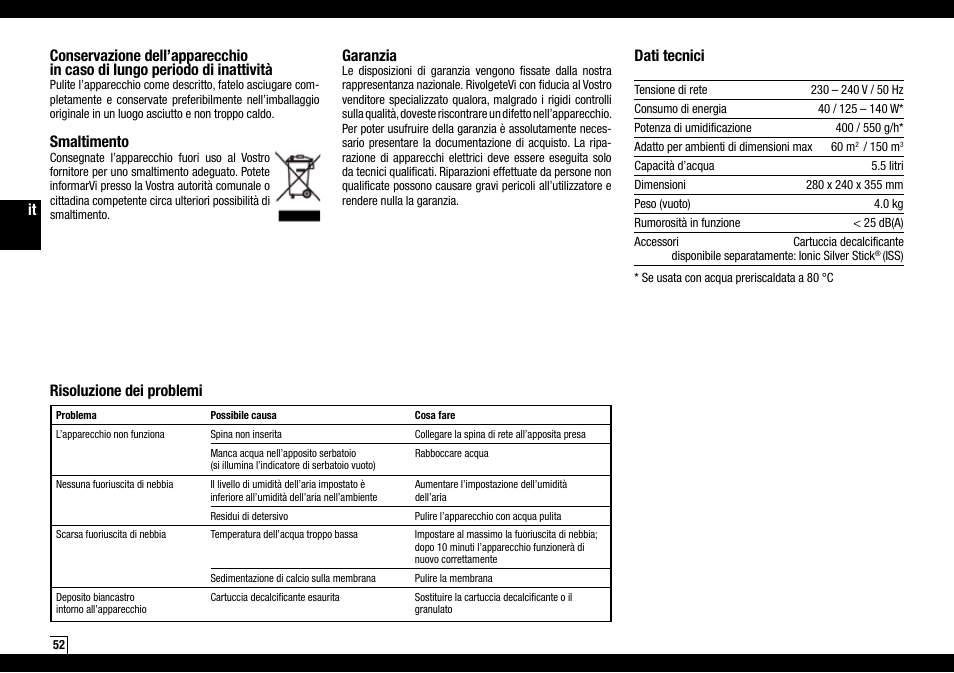 Smaltimento, Garanzia, Dati tecnici | Risoluzione dei problemi | Boneco Air-O-Swiss AOS U600 User Manual | Page 52 / 164