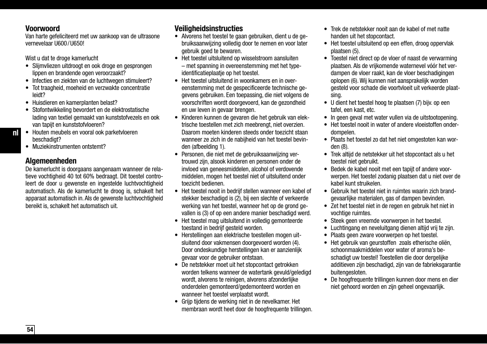 Nl voorwoord, Algemeenheden, Veiligheidsinstructies | Boneco Air-O-Swiss AOS U600 User Manual | Page 54 / 164
