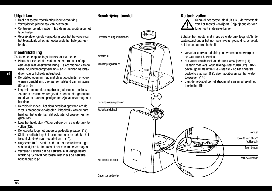 Nl beschrijving toestel de tank vullen, Uitpakken, Inbedrijfstelling | Boneco Air-O-Swiss AOS U600 User Manual | Page 56 / 164