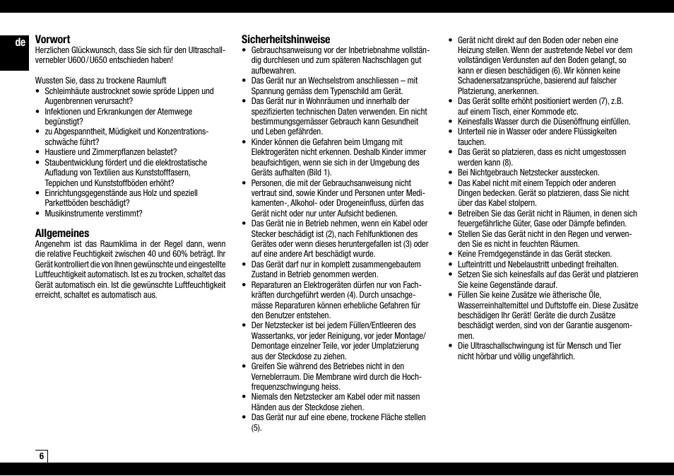 De vorwort, Allgemeines, Sicherheitshinweise | Boneco Air-O-Swiss AOS U600 User Manual | Page 6 / 164