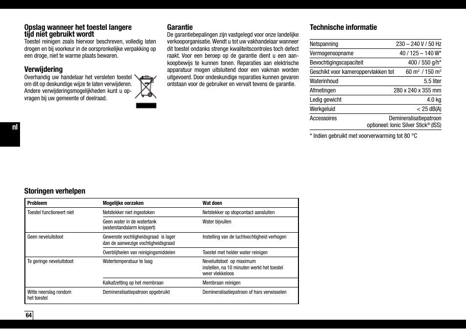 Verwijdering, Garantie, Technische informatie | Storingen verhelpen | Boneco Air-O-Swiss AOS U600 User Manual | Page 64 / 164