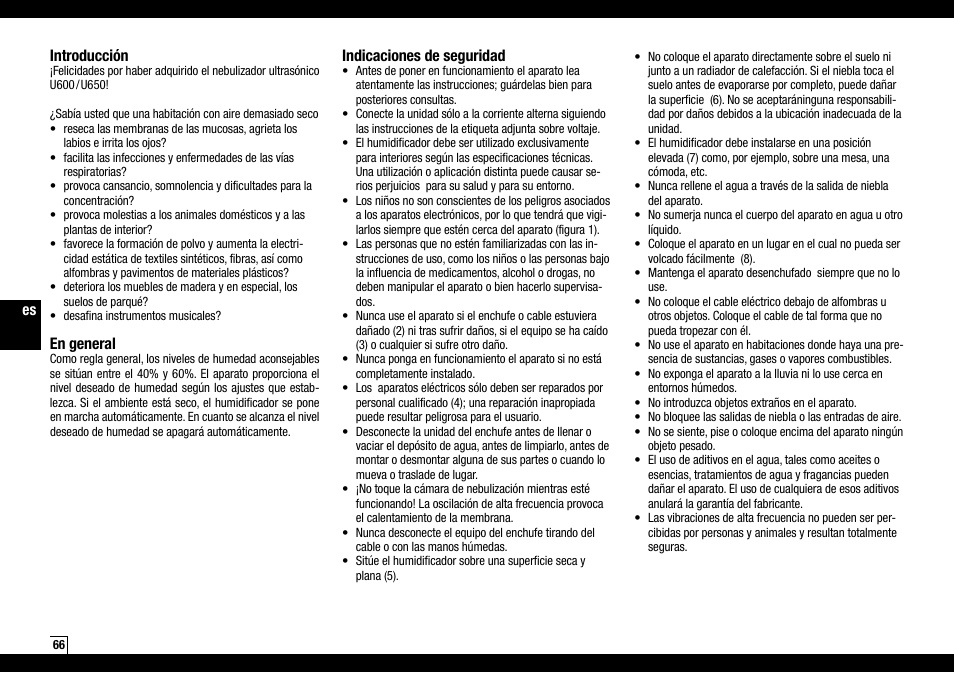 Es introducción, En general, Indicaciones de seguridad | Boneco Air-O-Swiss AOS U600 User Manual | Page 66 / 164