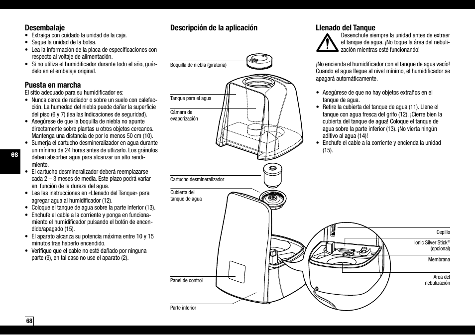 Es descripción de la aplicación llenado del tanque, Desembalaje, Puesta en marcha | Boneco Air-O-Swiss AOS U600 User Manual | Page 68 / 164