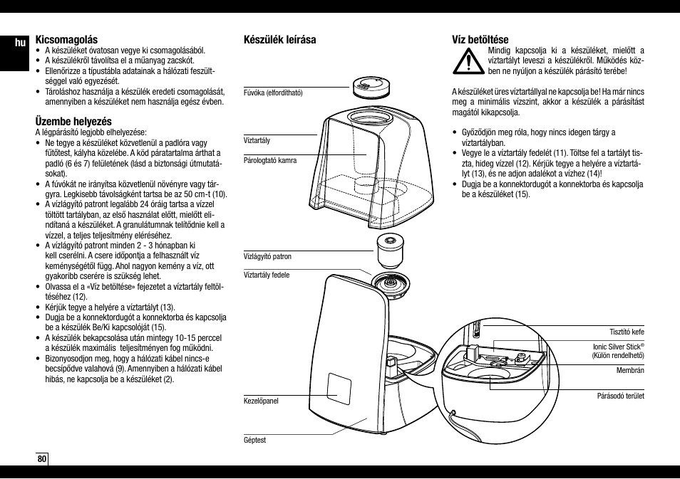 Hu készülék leírása víz betöltése, Kicsomagolás, Üzembe helyezés | Boneco Air-O-Swiss AOS U600 User Manual | Page 80 / 164