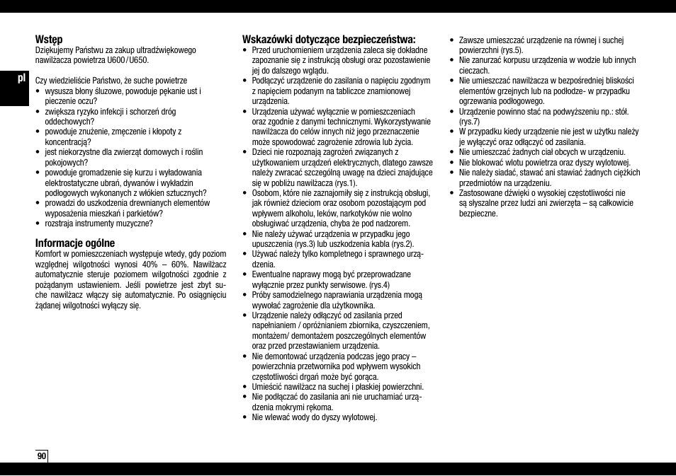 Pl wstęp, Informacje ogólne, Wskazówki dotyczące bezpieczeństwa | Boneco Air-O-Swiss AOS U600 User Manual | Page 90 / 164