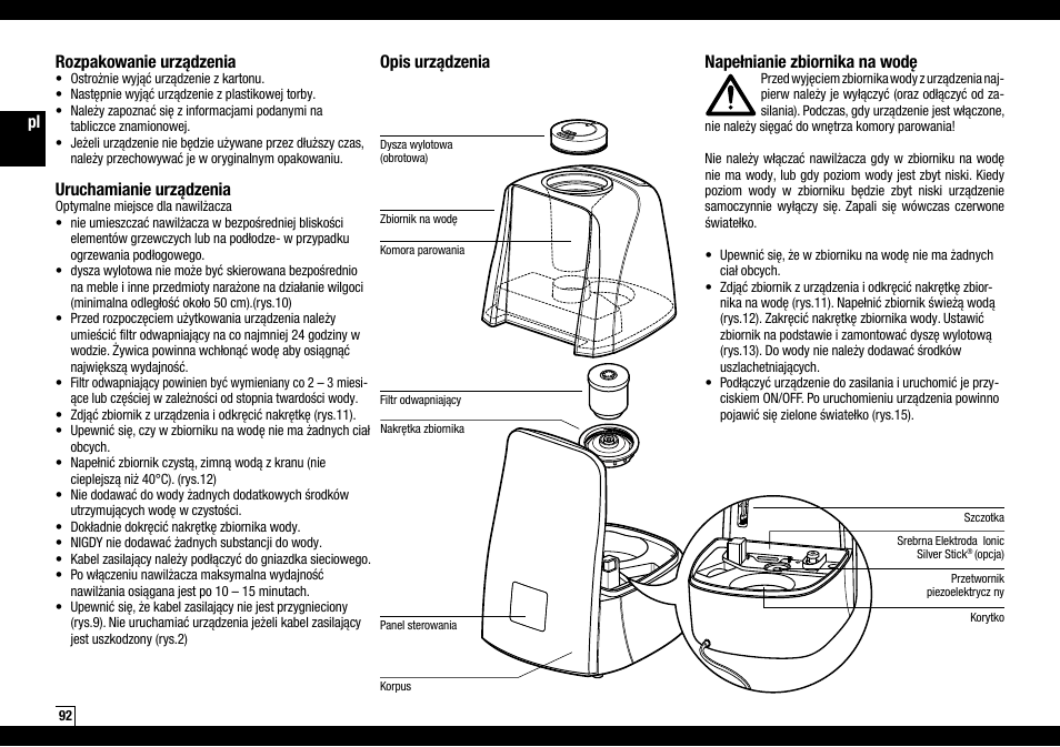 Pl opis urządzenia napełnianie zbiornika na wodę, Rozpakowanie urządzenia, Uruchamianie urządzenia | Boneco Air-O-Swiss AOS U600 User Manual | Page 92 / 164