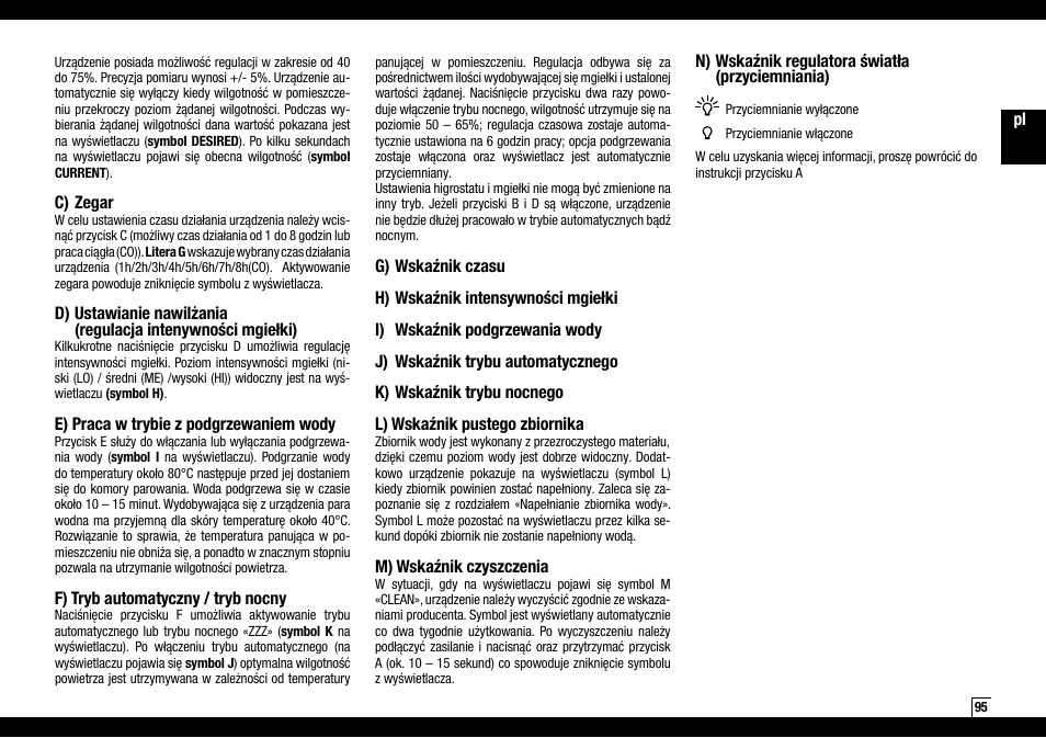 C) zegar, E) praca w trybie z podgrzewaniem wody, F) tryb automatyczny / tryb nocny | M) wskaźnik czyszczenia, N) wskaźnik regulatora światła (przyciemniania) | Boneco Air-O-Swiss AOS U600 User Manual | Page 95 / 164