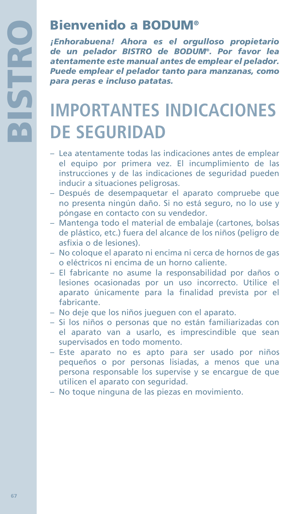 Bis tro, Importantes indicaciones de seguridad, Bienvenido a bodum | Bodum BISTRO Овощечистка User Manual | Page 19 / 46