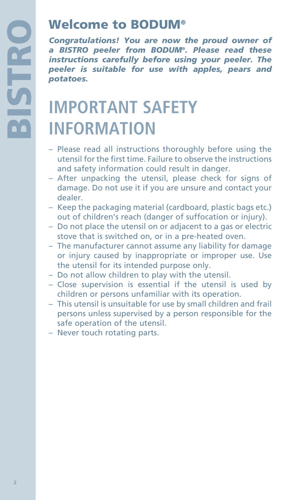 Bis tro, Important safety information | Bodum BISTRO Овощечистка User Manual | Page 3 / 46