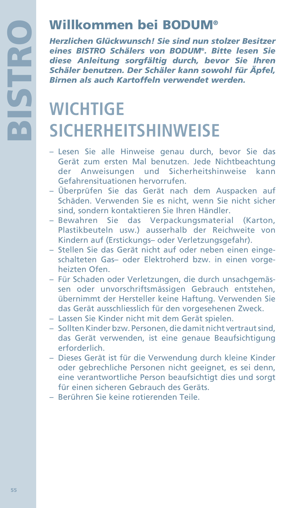 Bis tro, Wichtige sicherheitshinweise, Willkommen bei bodum | Bodum BISTRO Овощечистка User Manual | Page 7 / 46