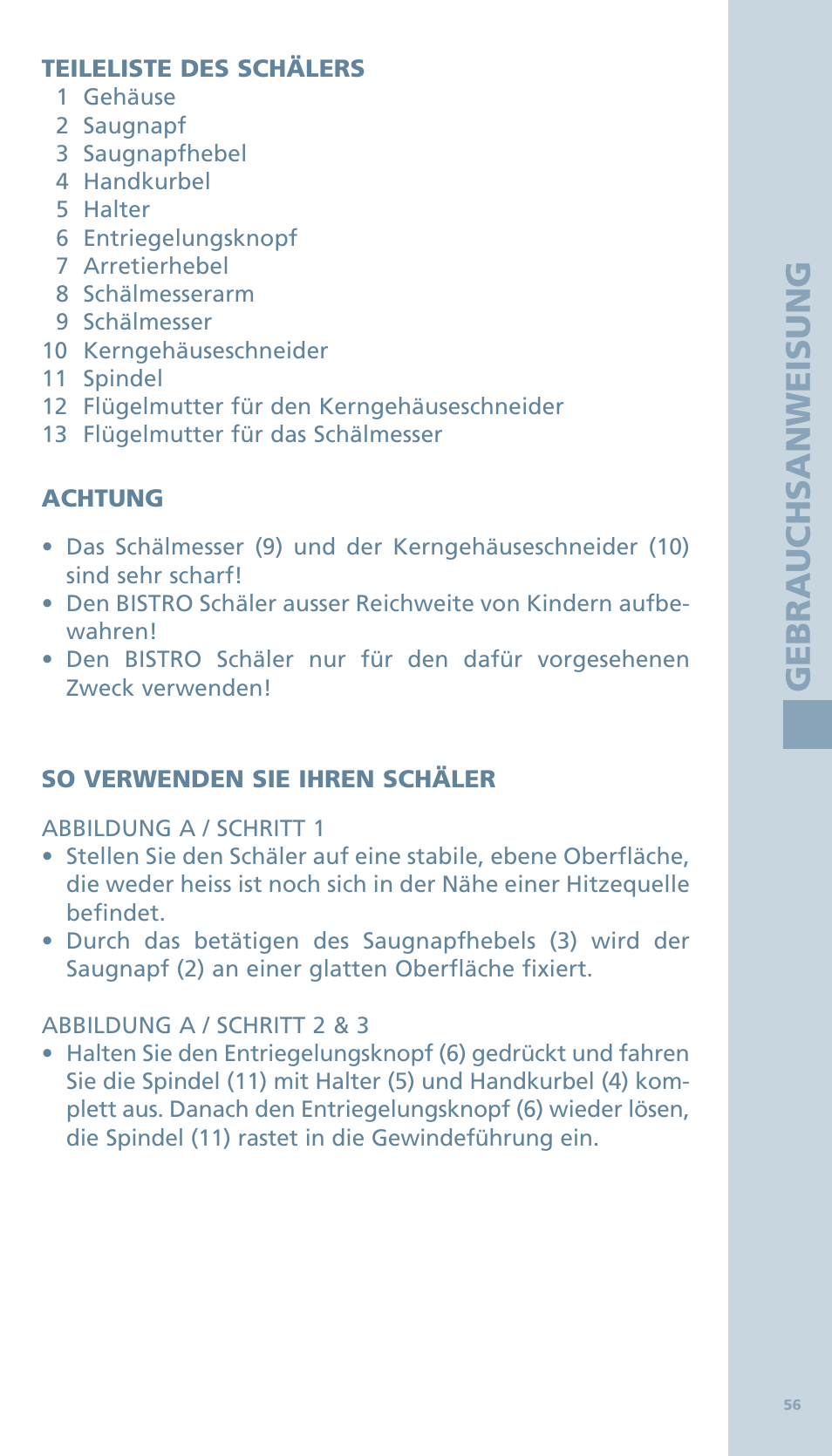 Ge b ra u ch s an w ei su ng | Bodum BISTRO Овощечистка User Manual | Page 8 / 46