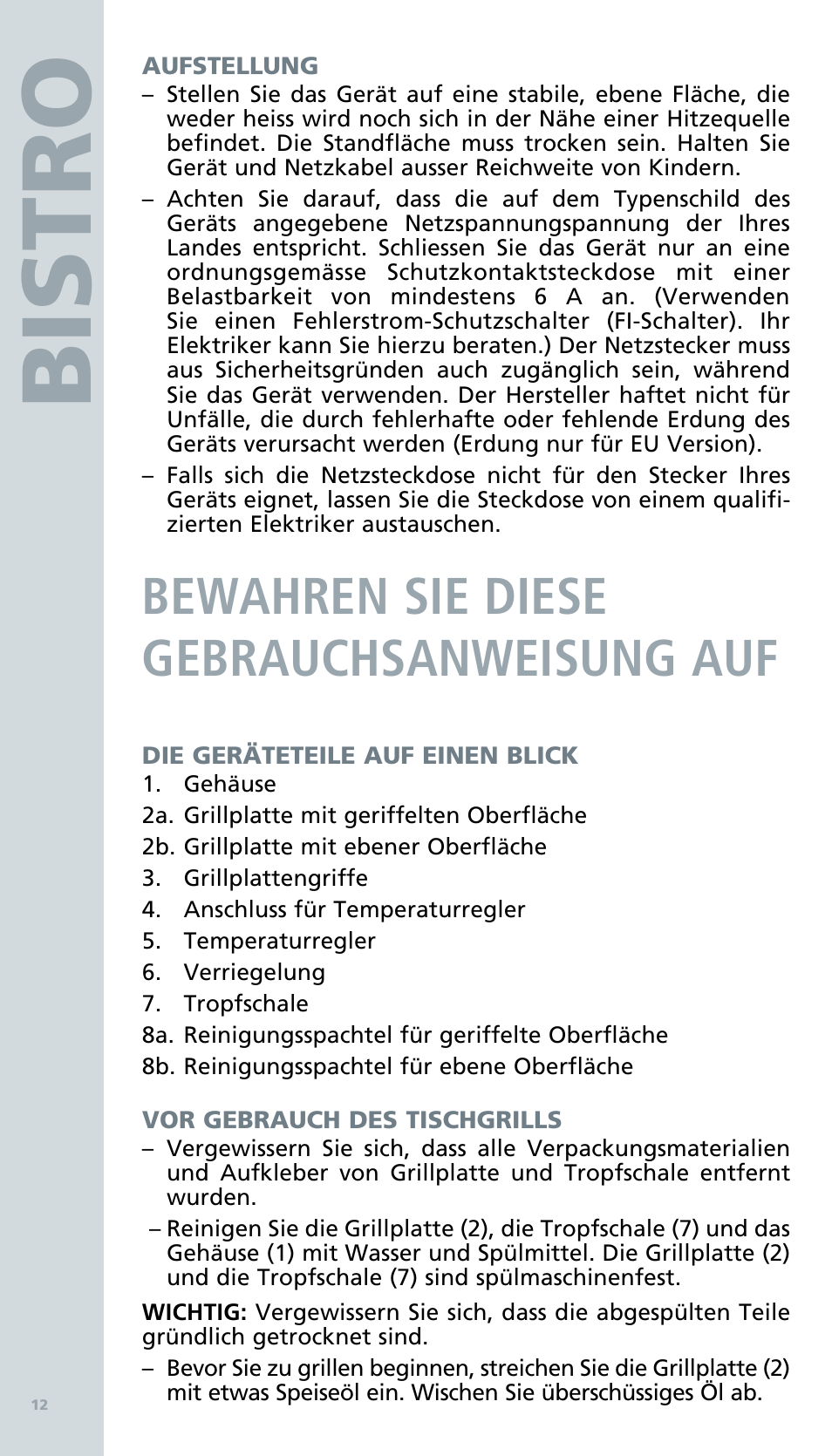 Bis tro, Bewahren sie diese gebrauchsanweisung auf | Bodum BISTRO Электрический гриль User Manual | Page 14 / 89