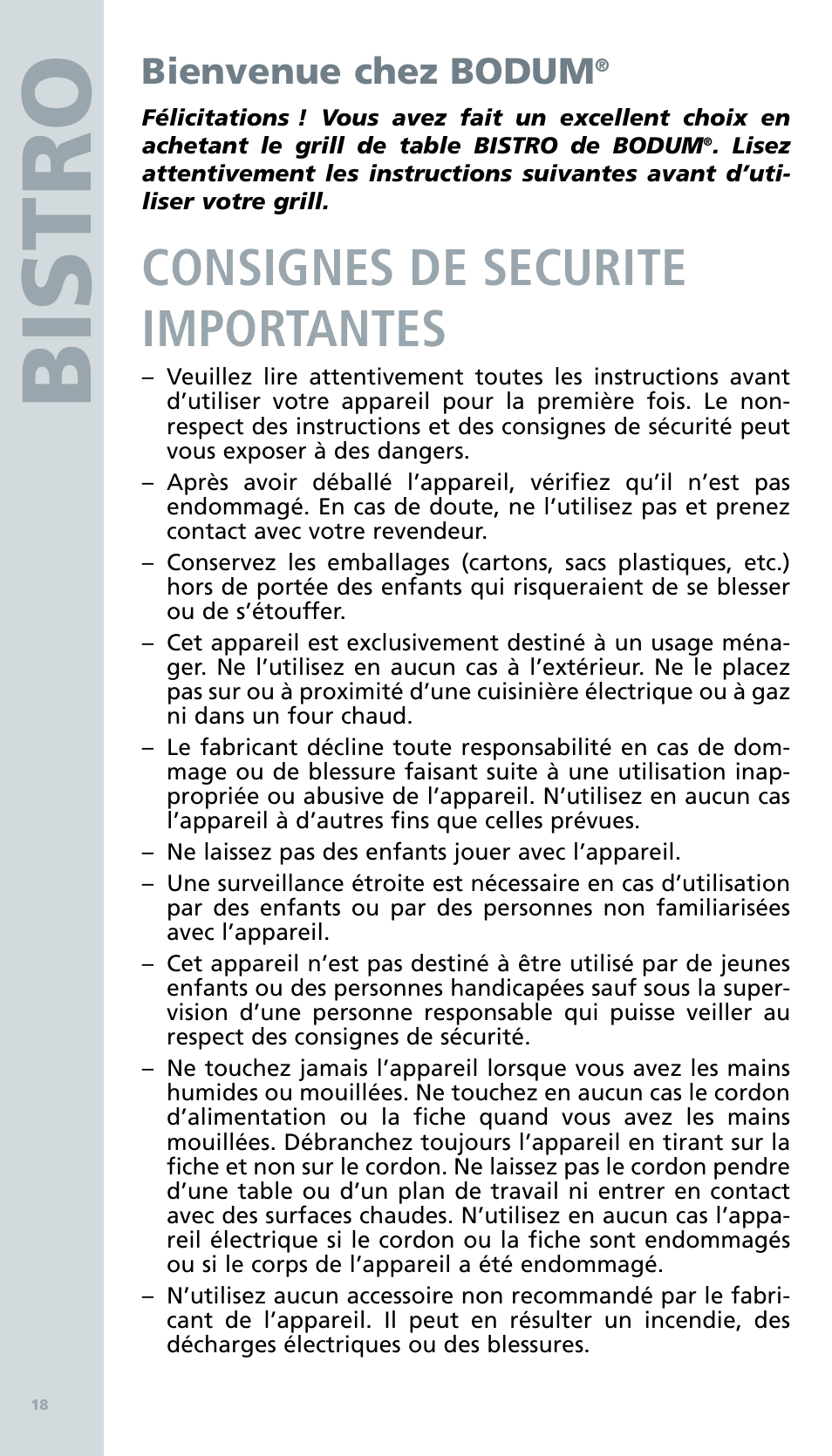 Bis tro, Consignes de securite importantes, Bienvenue chez bodum | Bodum BISTRO Электрический гриль User Manual | Page 20 / 89