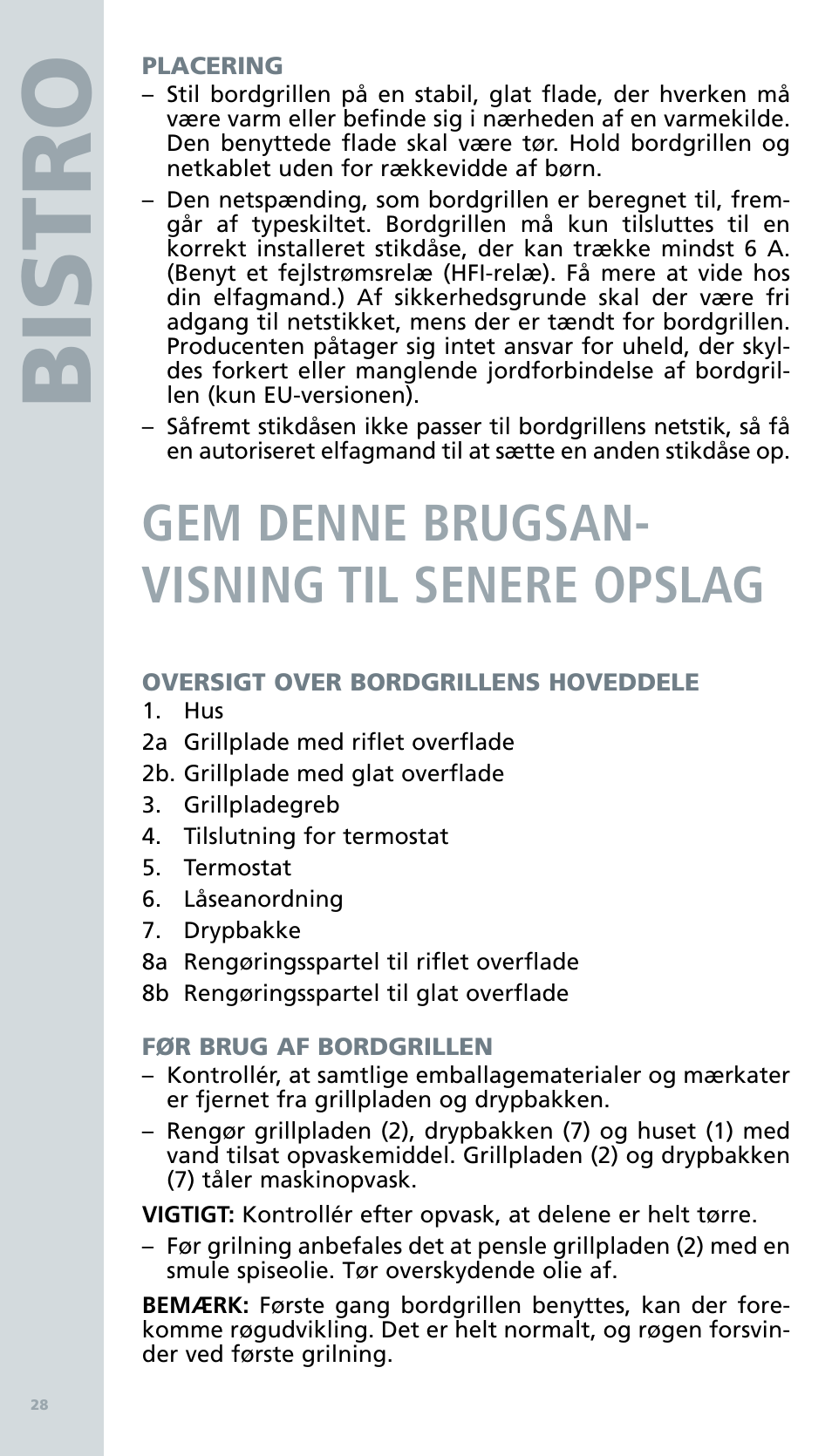Bis tro, Gem denne brugs an­ visning til senere opslag | Bodum BISTRO Электрический гриль User Manual | Page 30 / 89