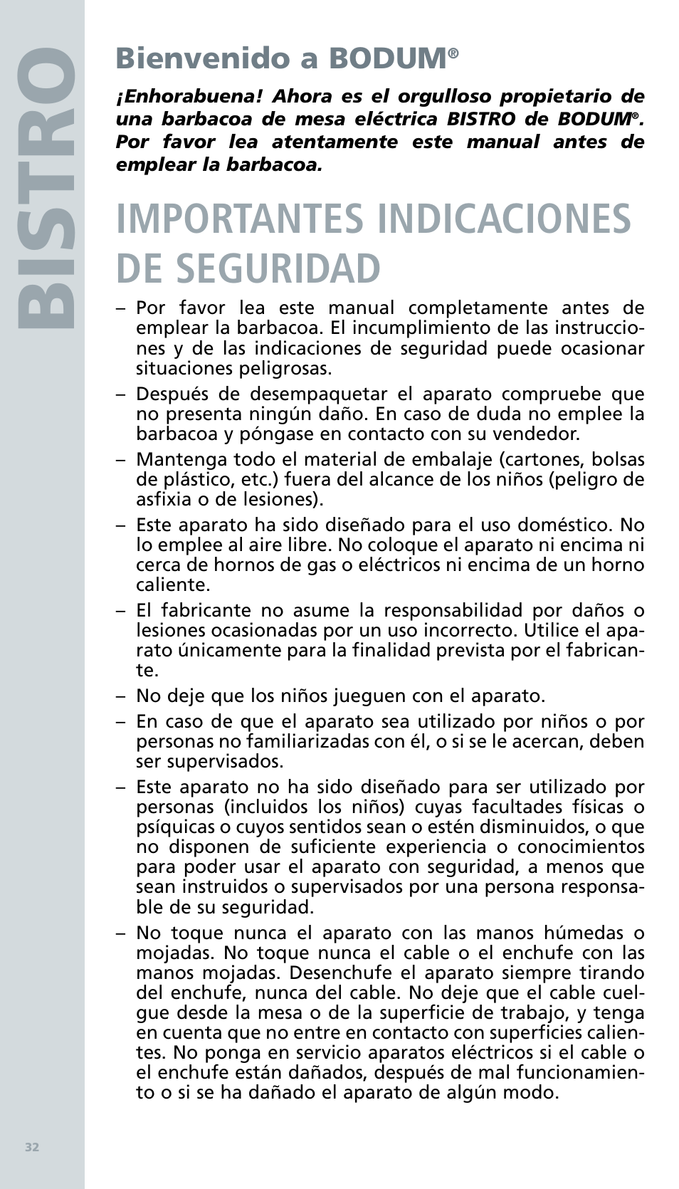 Bis tro, Importantes indicaciones de seguridad, Bienvenido a bodum | Bodum BISTRO Электрический гриль User Manual | Page 34 / 89