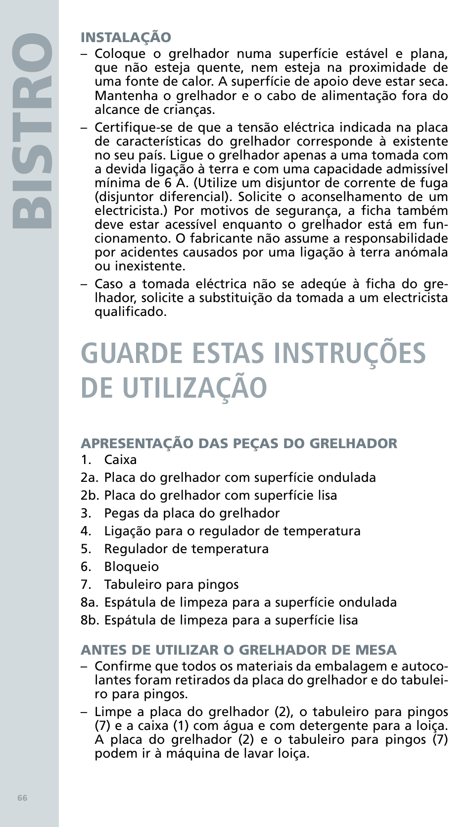 Bis tro, Guarde estas instruções de utilização | Bodum BISTRO Электрический гриль User Manual | Page 68 / 89