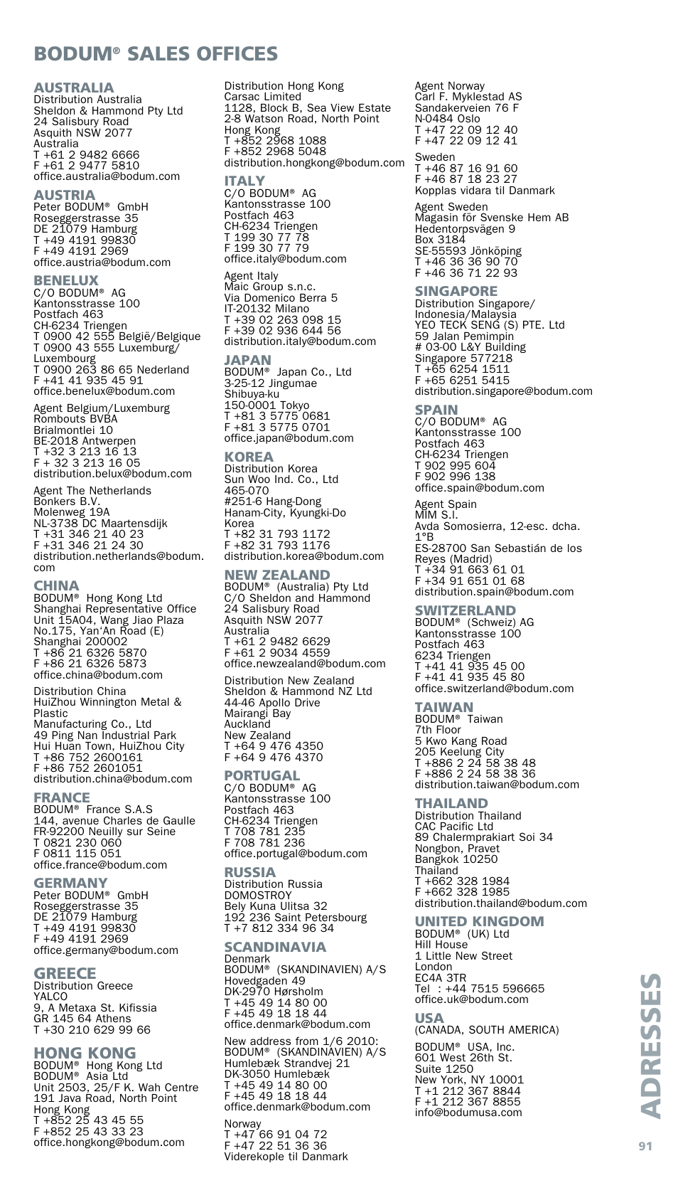 Adre ss e s, Bodum, Sales offices | Greece, Hong kong | Bodum BISTRO Электрический гриль User Manual | Page 89 / 89