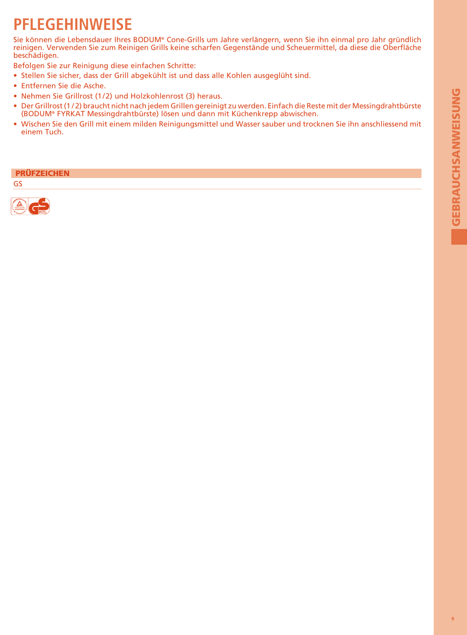 Pflegehinweise, Ge b ra u ch s an w ei su ng | Bodum FYRKAT Гриль на углях в форме конуса User Manual | Page 13 / 49