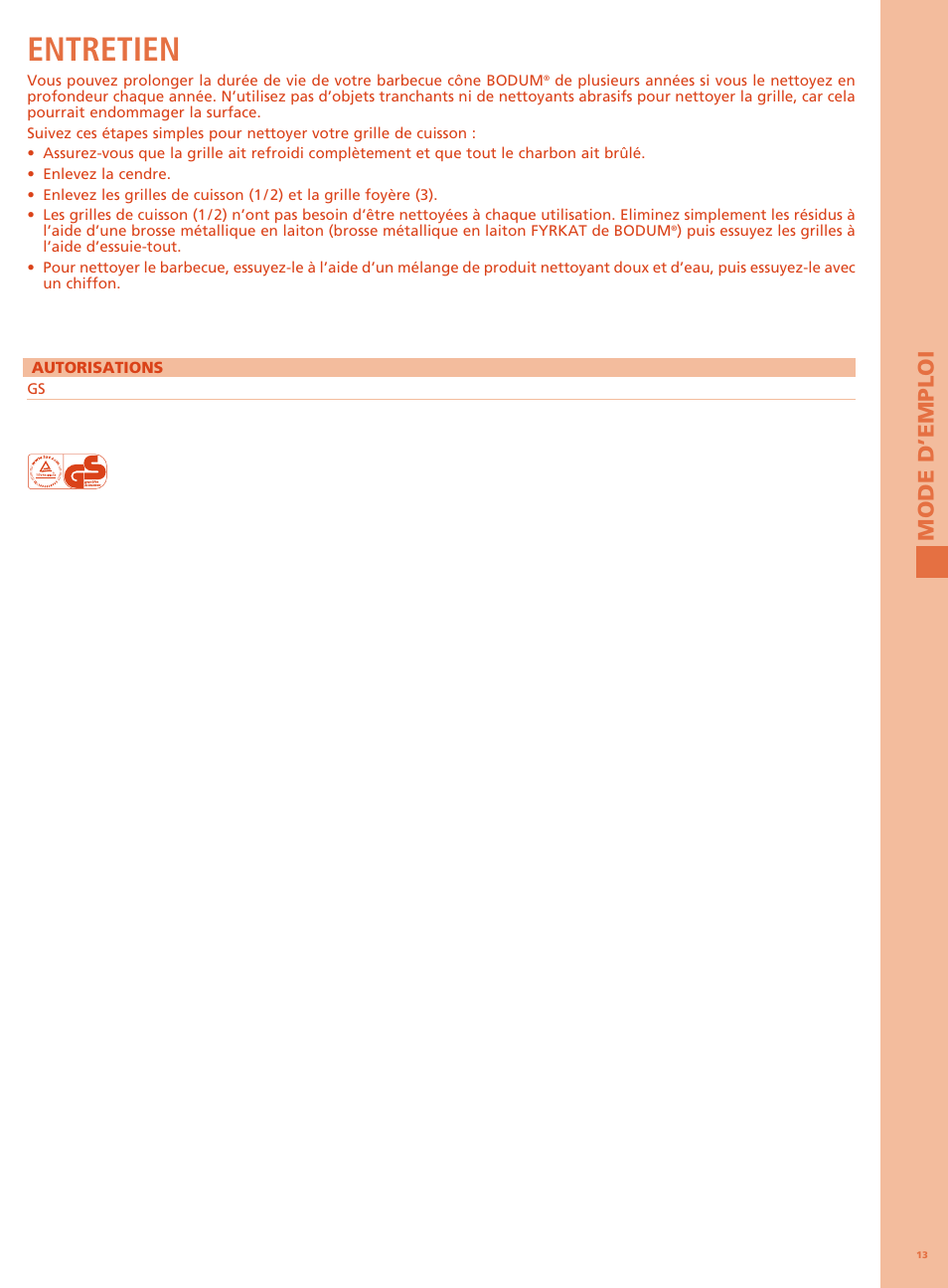 Entretien, Mode d ’e m ploi | Bodum FYRKAT Гриль на углях в форме конуса User Manual | Page 17 / 49