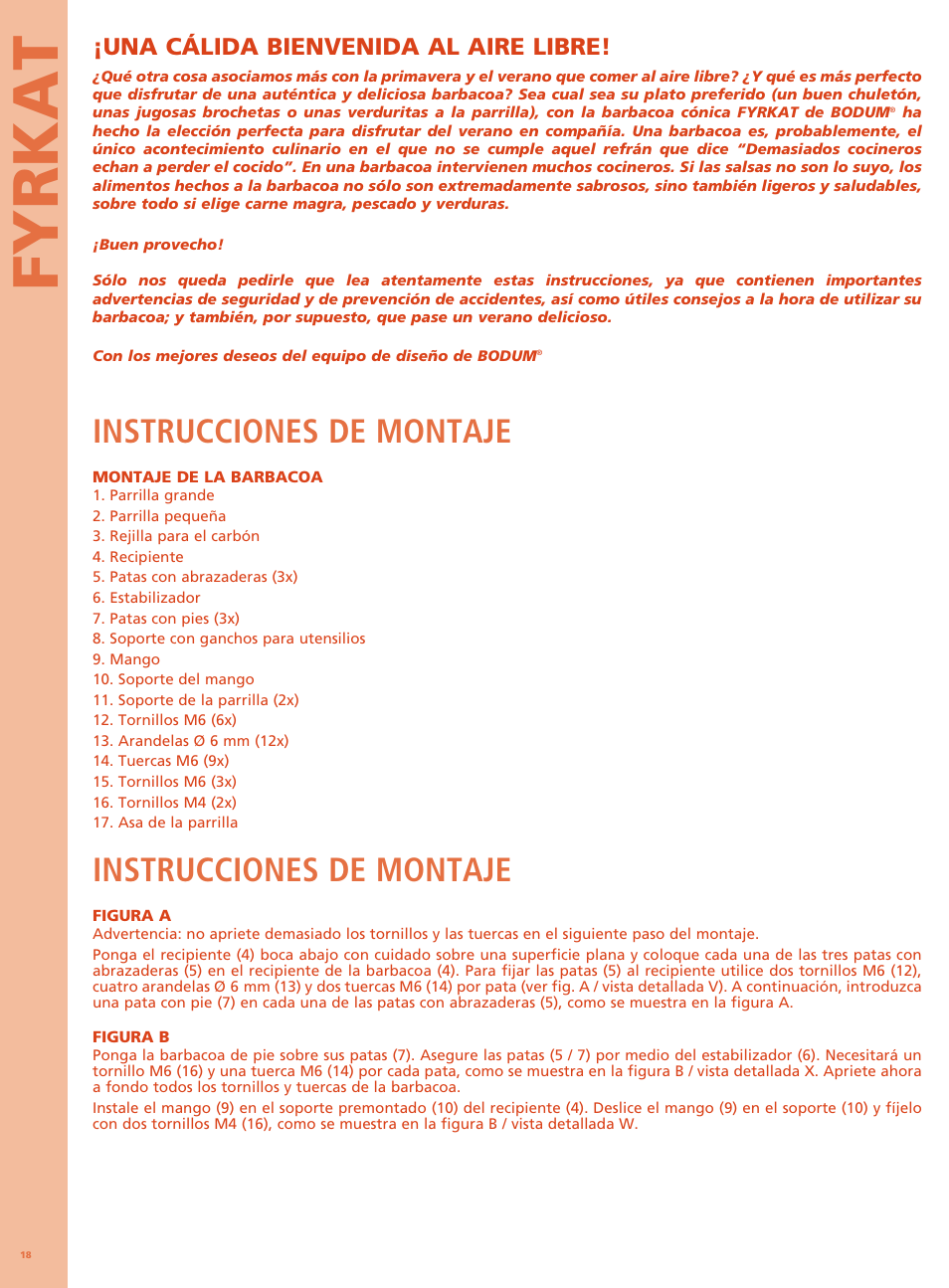 Fyrkat, Instrucciones de montaje, Una cálida bienvenida al aire libre | Bodum FYRKAT Гриль на углях в форме конуса User Manual | Page 22 / 49