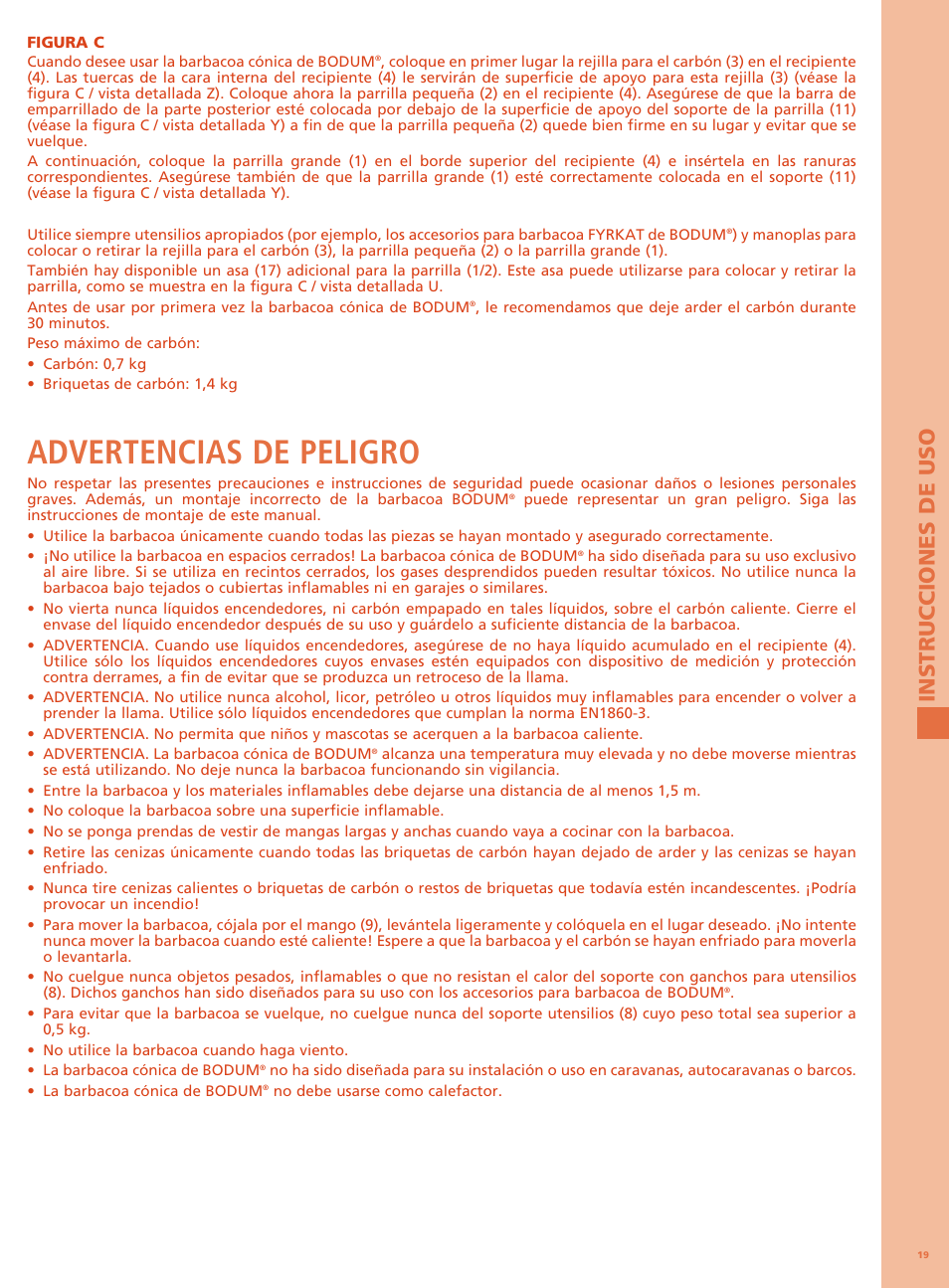 Advertencias de peligro | Bodum FYRKAT Гриль на углях в форме конуса User Manual | Page 23 / 49
