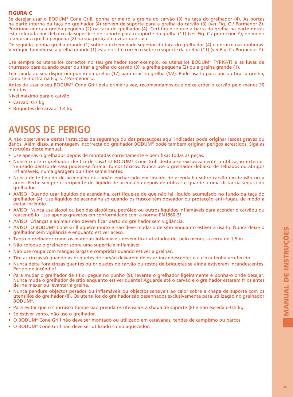 Avisos de perigo, Man u al de in s tr uçõ e s | Bodum FYRKAT Гриль на углях в форме конуса User Manual | Page 39 / 49