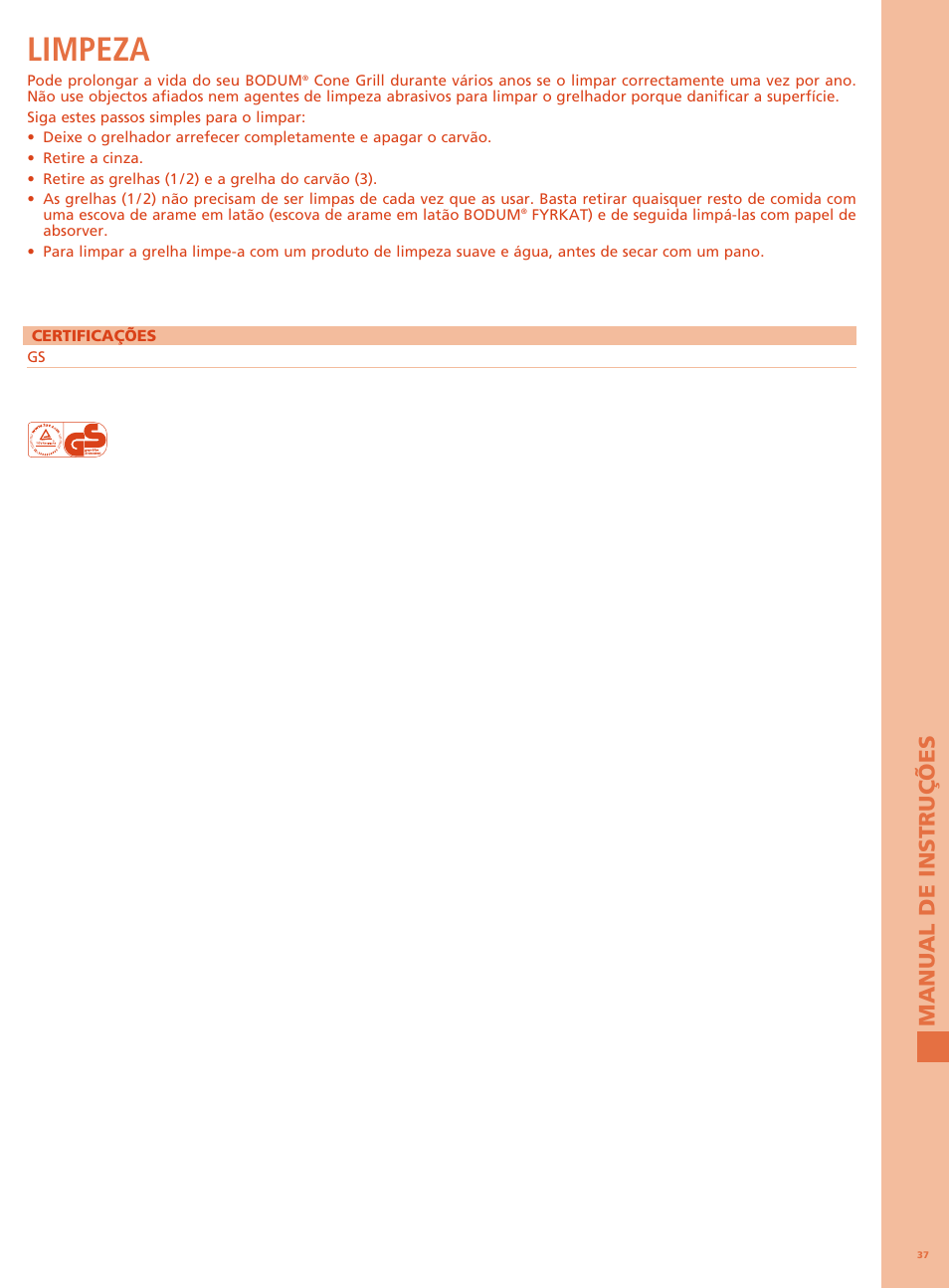 Limpeza, Man u al de in s tr uçõ e s | Bodum FYRKAT Гриль на углях в форме конуса User Manual | Page 41 / 49
