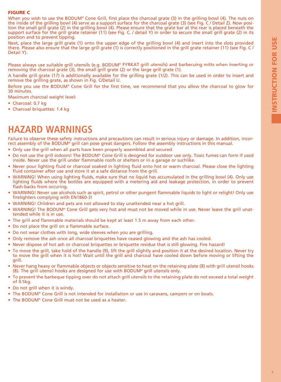 Hazard warnings | Bodum FYRKAT Гриль на углях в форме конуса User Manual | Page 7 / 49
